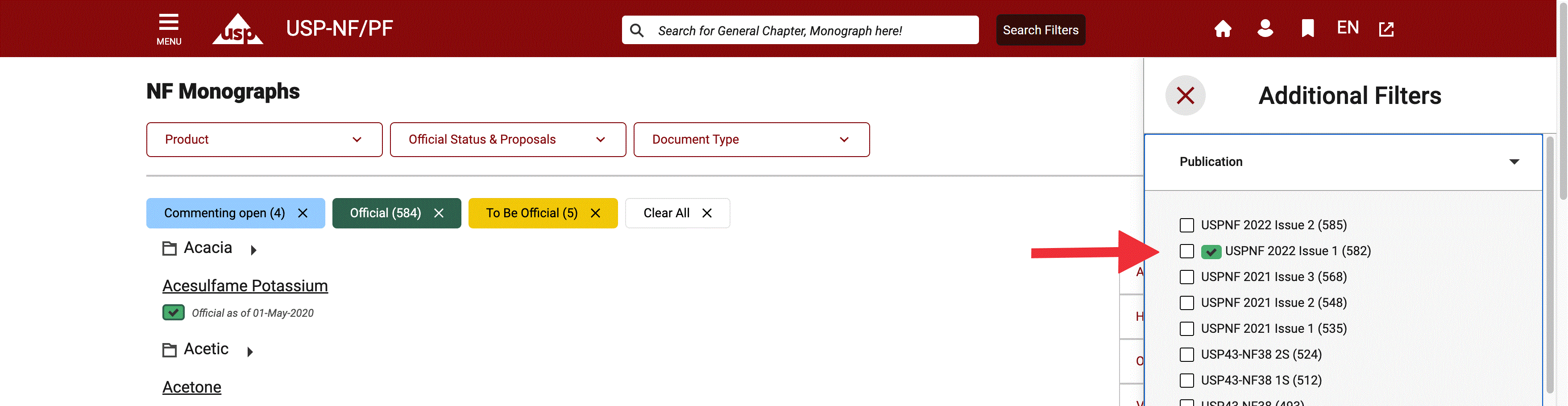 When searching for a document through the navigation bar, the currently official version documents are shown by default, but you have the option to switch to any available USP-NF/PF versions from the PUBLICATION filter found on the right.